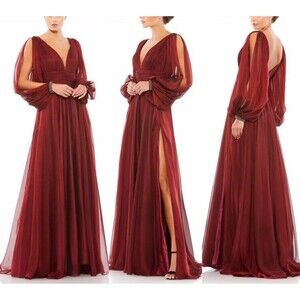 NEW $598 Mac Duggal Chiffon Open Sleeve A-Line Gown Garnet Red Size 6